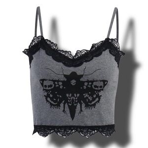 Gray Lace Trim Cami Top with Black Graphic